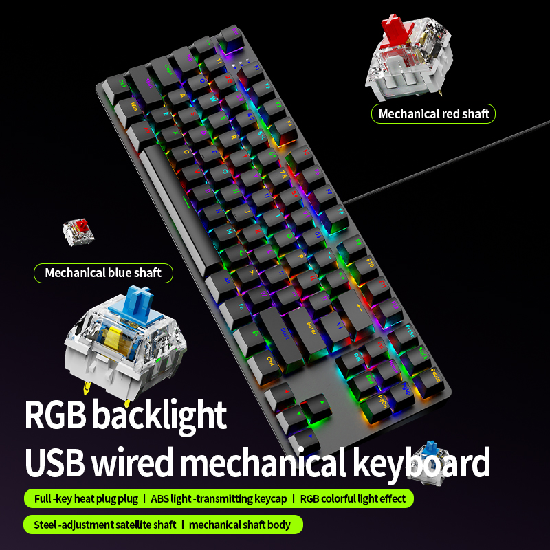 Anti-Ghosting Keyboard - AK87 คีย์บอร์ดเกมมิ่งแบบกลไกที่สามารถเปลี่ยนได้, ไฟ RGB แบ็คไลท์แบบ USB,